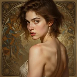 portrait of a young woman, soft features, muscular, half body, cloth, hazel eyes, short brown hair, thick eyebrows, back light, d & d, fantasy, intricate, highly detailed, digital painting, artstation, concept art, smooth, sharp focus, illustration, art by artgerm and greg rutkowski and alphonse mucha