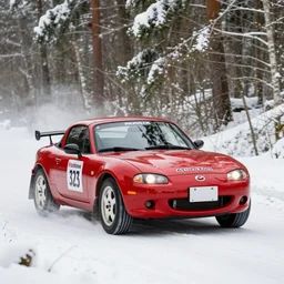 a 2 0 0 1 mazda mazdaspeed roadster, racing through a rally stage in a snowy forest