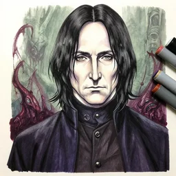 fine detail, black ink & copic markers, vibrant muted colors, disturbing grunge still of a [ lovecraftian demon infested ] [ severus snape ], [ mystic, shamanic and psychedelic lsd trippy dreamy art ], by arthur adams, by tom bagshaw, by henry asencio, by kikuchi hideyuki