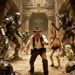 color cinematic still from a 2 0 0 6 action - adventure blockbuster directed by guillermo del toro. steampunk mechanical stone golems and demonic mummies are attacking and terrorizing indiana jones and lara croft inside ancient epic labyrinthine mayan temples with deadly traps and evil magic curses.