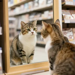 a curious cat looking at her reflection in a mirror at a store