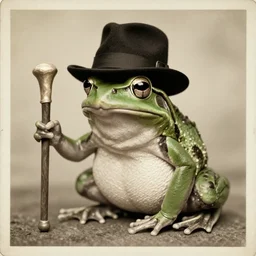 A photo of a frog with a hat, he looks very sophisticated, he has a walking stick old photo