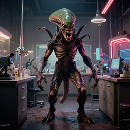 photograph of the full body of a screaming and angry dangerous shape shifting alien creature, with multiple mutated snarling drooling, inside of a 1 9 7 0 s science lab, neon lights, dirty, ektachrome photograph, volumetric lighting, f 8 aperture, cinematic eastman 5 3 8 4 film