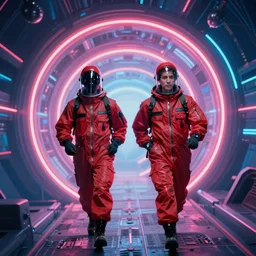 two scientists wearing red rick owens hazmat suits with their hands in their pockets escaping the neon event horizon by frank frazetta