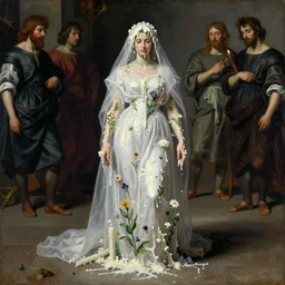 The shadow under the white veil wearing a white dress and covered with melted white candle wax, flowers and plants grow on her skin, by Ilya Repin, Mikhail Vrubel, William Blake, Michelangelo da Caravaggio, Rafaelle Monti and Beksinski, dramatic volumetric lighting, full body portrait, highly detailed oil painting, 4k, masterpiece