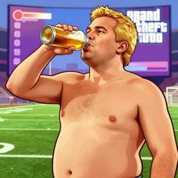 shirtless fat blonde man drinking a beer in front of football field, grand theft auto artwork style, gta loading screen, highly detailed, illustration, smooth