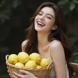 beautiful woman laughing who can't hold a basket of lemons