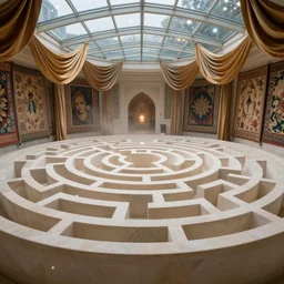 queen's polygonal garden with giant maze walls and glass ceilings showing the stars and hanging silk drapery and tapestries, light dust, magnificent, close up, details, sharp focus, elegant, highly detailed, illustration, by jordan grimmer and greg rutkowski and imoko and wlop and maya takamura, intricate, beautiful, trending artstation, pixiv, digital art