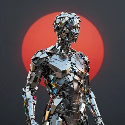 realistic 8k Sculpture of random jagged reflective metal pieces forming the shape of a person silhouetted by a red sun, glinting metal, neon colors, cyberpunk, smooth, sharp focus, 24mm lens, DOF, hyper realistic, art by Greg Rutkowski and Ruan Jia and Giger