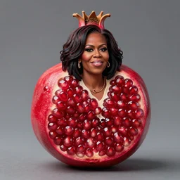 photo of a pomegranate shaped like michelle obama standing tall, pomegranate body, michelle obama's face smiling softly, sharp detailed face, highly detailed, artstation, 8 k