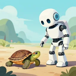 A robot trying to find his turtle that escaped