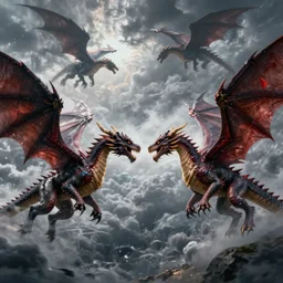 dragons fighting in the sky, epic stormy weather, fantasy, octane render, high detail, 8k, in the style of Greg Rutkowski,