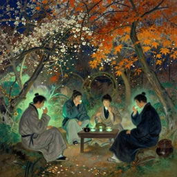 wuxia, autumn, people drinking tea in garden, neon light, apricot flower falling, painting by gaston bussiere, craig mullins, j. c. leyendecker