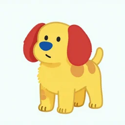 yellow dog with blue nose and red hair and brown spots, cartoon illustration