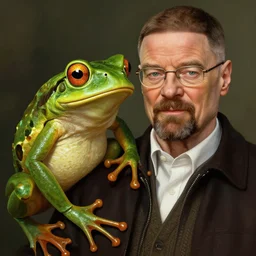 a frog and walter white, intricate, highly detailed, digital painting, artstation, concept art, smooth, sharp focus, illustration, unreal engine 5, 8 k, art by artgerm and greg rutkowski and alphonse mucha