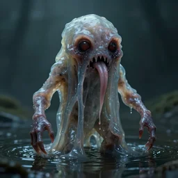 a creepy monster blob, slimy tongue, saliva, translucent skin, standing in shallow water, unsettling, creepy, artstation, cgsociety, insanely detailed octane render, 8k artistic photography, photorealistic, chiaroscuro, by david cronenberg, raphael, caravaggio
