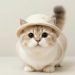 smol fluffy cat wearing smol hat, big round cat eyes, fluffy tail