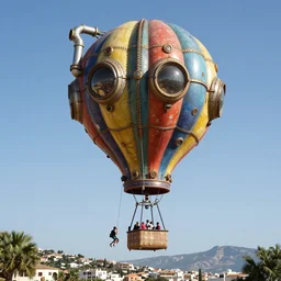 large colorful futuristic space age metallic steampunk steam - powered balloons with pipework and electrical wiring around the outside, and people on rope swings underneath, flying high over the beautiful ibiza landscape, professional photography, 8 0 mm telephoto lens, realistic, detailed, photorealistic, photojournalism