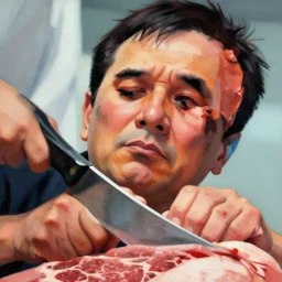 low angle of the butcher's face, closeup of a butcher working, artwork by craig bullins