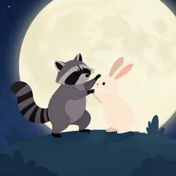 a racoon and a rabbit dancing on a hill in the moon light, clean cel shaded vector art. shutterstock. behance hd by lois van baarle, artgerm, helen huang, by makoto shinkai and ilya kuvshinov, rossdraws, illustration,