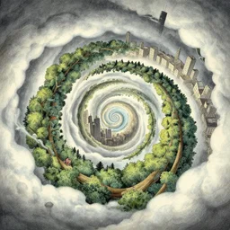 a futuristic city, trees, spiral, naive nerikomi, weird perspective, extra narrow, detailed illustration by moebius and james jean, scenic spiral environment by rhads and moebius and pixar, trending artstation, spiral clouds and swirly mist