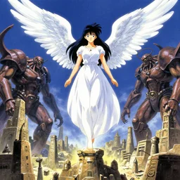 Art of beautiful angel rising above an ancient civilization of golem giants by Yoshitaka Amano, Ruan Jia, Kentaro Miura, Artgerm