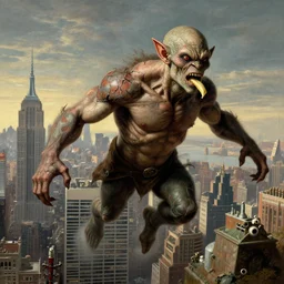 ripped physique ultimate space villain super gollum flies above new york city with his bad breath lotr themes konstantin vasilyev grant wood jan van eyck john steuart curry