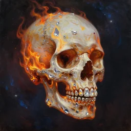 skull made of fire and diamonds, floating in the universe, oil painting