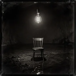 infinite black cave lake, centered on a chair under an edison bulb in empty black space, daguerrotype, sepia, high contrast, sunken in black water, void