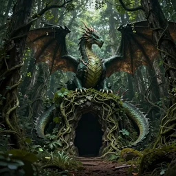 dragon, an overgrown forest, ,vine-covered cave entrance in shadow, Wadim Kashin, in Peter Elson color scheme, featured in artstation, octane render, cinematic, elegant, intricate, 8k