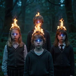 the chidren in the film midwich cuckoos wyndham. burning crowns on their heads,. lasers for eyes