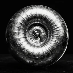 A metallic nautilus. Bio-Punk, Cyber-Punk, Film Noir, Black and White, High Contrast, Mike Mignola