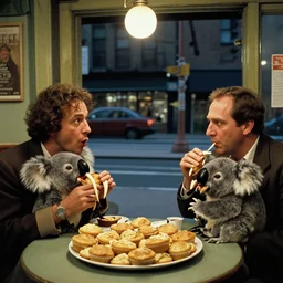 street interior of manhattan 1 9 8 0 s night killer muffins with big long fangs eating koalas. scorsese, wes anderson, kodachrome, fred herzog. epic view. cinestill film tones, by chesley bonestell, vincent di fate
