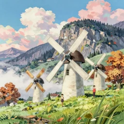 memorable animation key shot, illustration, paper texture, staubbach fall, lauterbrunnen, savonius windmills, by mandy jurgens, by satoshi kon, ilya repin, lena aenami, shinji kimura, daylight pastel color palette, vibrant clouds, grass, mist