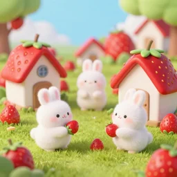 fluffy bunnies playing outside their strawberry houses, lowbrow, matte painting, 3 - d highly detailed, style of greg simkins