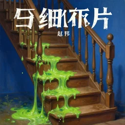 fantasy oil painting, green slime dripping down a brown oak staircase at night, blue background, cottagecore, extremely detailed, book cover illustration, concept art, readability, smooth, sharp focus, art by brothers hildebrandt