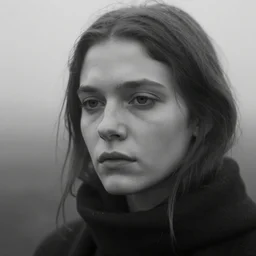 award winning photo of some melancholy as antonioni would depict it, she is 2 3, she is beautiful, british journal of photography, photorealistic, closeup, black and white, insanely detailed, facial features details, foggy like in norwegian black metal anesthetic