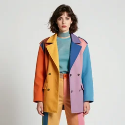 full frontal portrait of a post modern hybrid fashion model with an exuberant style from year 1 9 8 0, colorful, photo realistic, octane render, vray, detailed, halftoned, editorial illustration, matte print, grainy light, ( ( dither ) ), risograph, high contrast, screen print, grainy texture