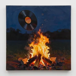 a painting of a vinyl records falling into a brazier fire at night