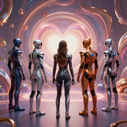 love, diverse 5 cybersuits, from behind, connection rituals, wide wide angle, vivid, elaborate, highly detailed, beautiful lighting