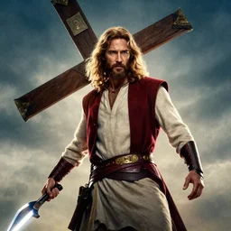 poster for a jesus christ avengers movie, jesus posing with his cross as a weapon, photorealistic, cinematic lighting, extremely detailed, marvel cinematic universe