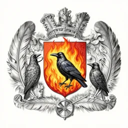 a family coat of arms with a crow on fire in the middle surrounded by a reef of feathers, pencil and ink, very detailed, greg rutkowski and alphonse mucha,
