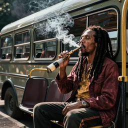 Rosa Parks smoking the bong sitting on the back of the bus next to Bob Marley, passing the bong; smoke out; cinema film; art direction; dramatic Studio lighting by John Gaeta