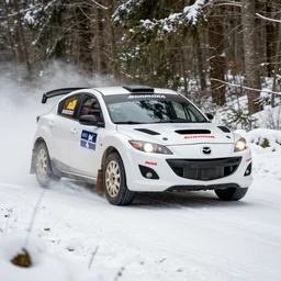 a 2 0 1 0 mazda mazdaspeed 3, racing through a rally stage in a snowy forest