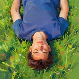 An overhead shot of a man laying in the grass with his eyes closed, digital painting, relaxing, colorful, abstract