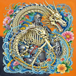 colourful painting of dragon skeleton, intricate armour, mechanical liquid, flowers, by masanori warugai