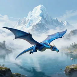 blue dragon flying, big lake, mist, big ice mountain in background, fantasy, d & d, illustration