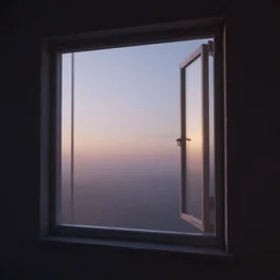 Photorealistic window open to infinite space, octane render, HD, volumetric lighting, mist, twilight, high details