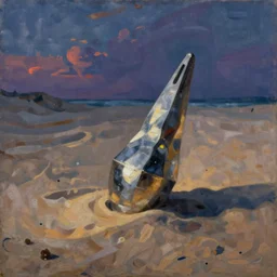 a fauvist painting of a strange metallic object poking out from the sand, late evening light