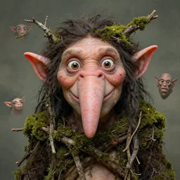 a friendly goblin elf troll with a big long nose and wide eyes, dark hairs, pointy ears, ( ( covered in branches and moss ) ), portrait by alex horley and dave dorman and simon bisley